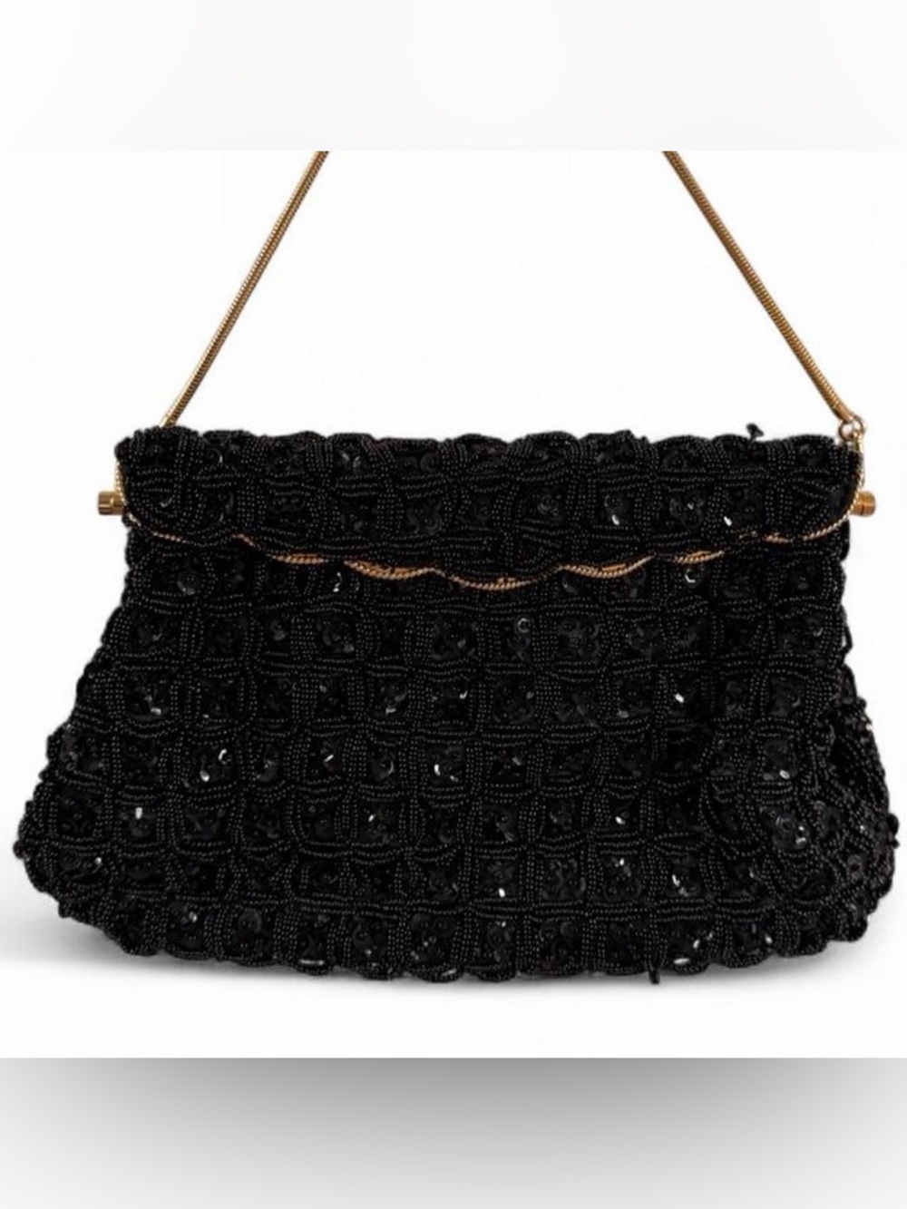 Vintage American Black Beaded Evening Clutch with Gold Chain